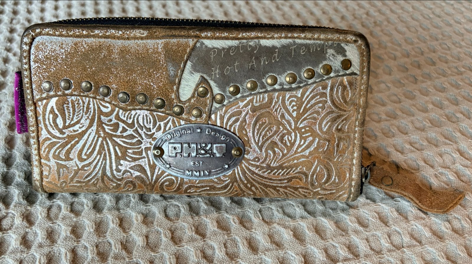 PH&T Echt Lederen Portemonnee met Studs en Patroon, Gebruikt, Bruin, Leer, Ophalen