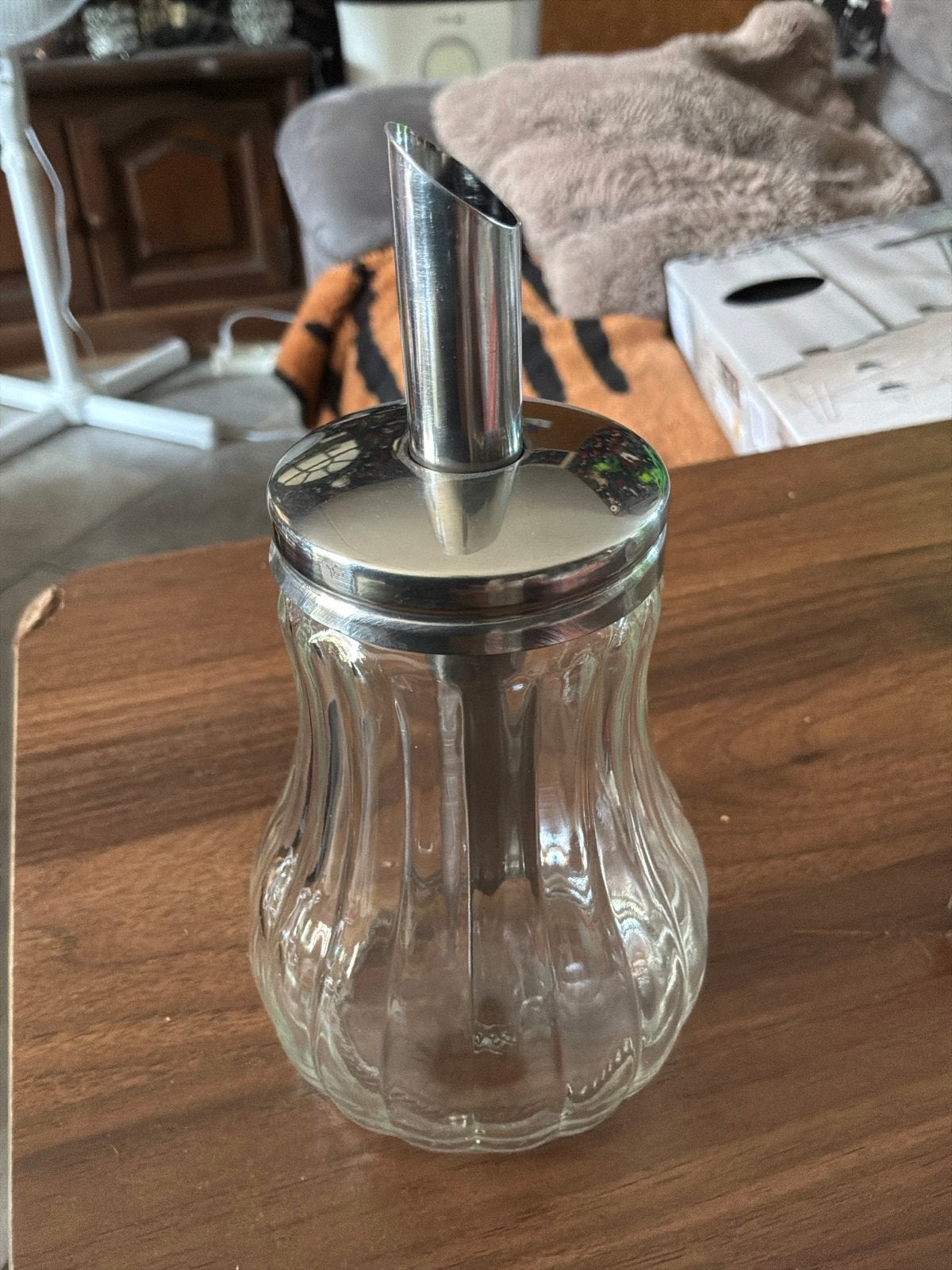 Glazen suikerstrooier met metalen dop - 14 cm, Ophalen, Zilver, Glas, Overige typen