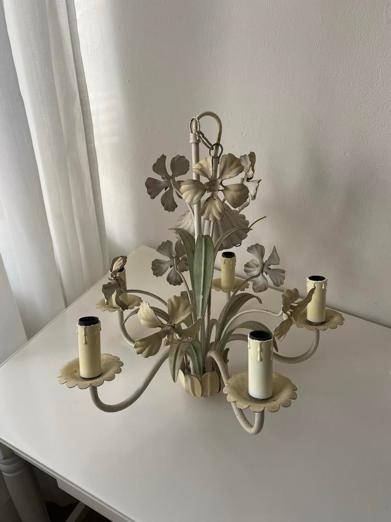 Brocante bloemenlamp met 5 armen en Philips kaarslampjes, Ophalen of Verzenden