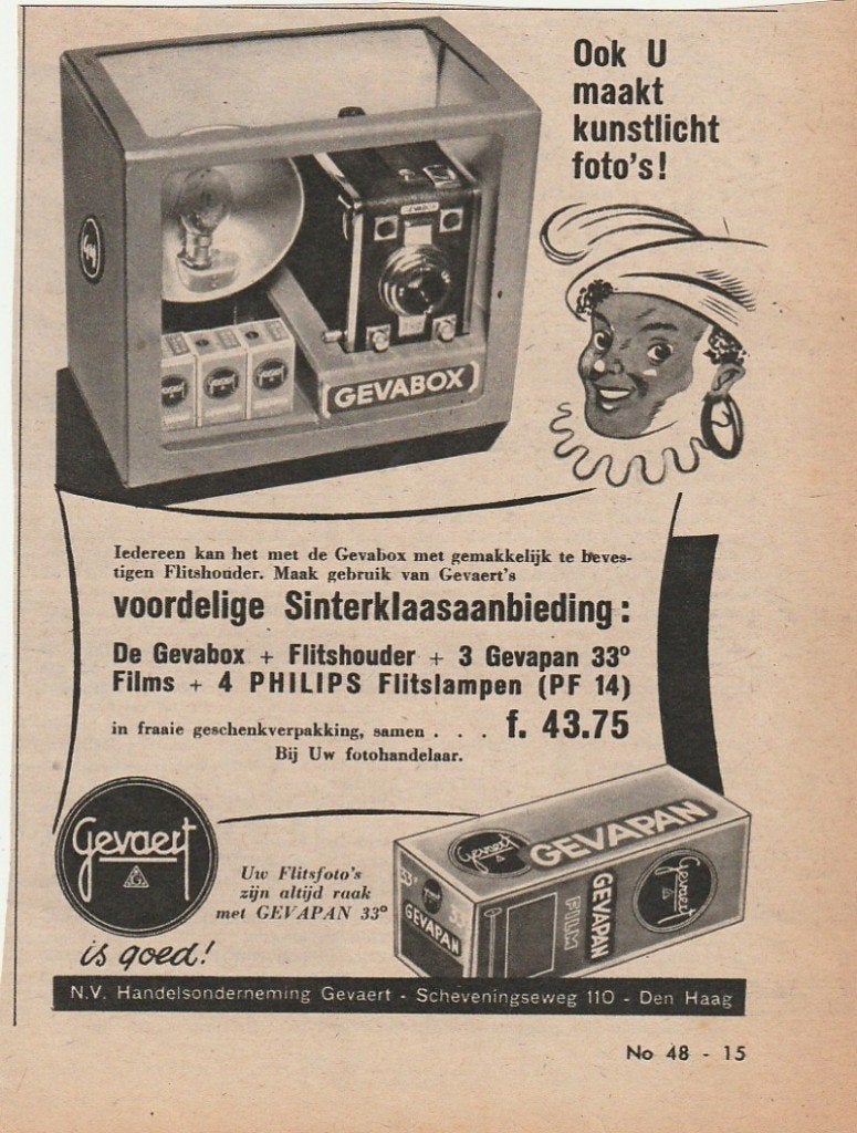 retro reclame 1951 Gevaert Sinterklaas Zwarte Piet camera, Verzenden, Overige typen
