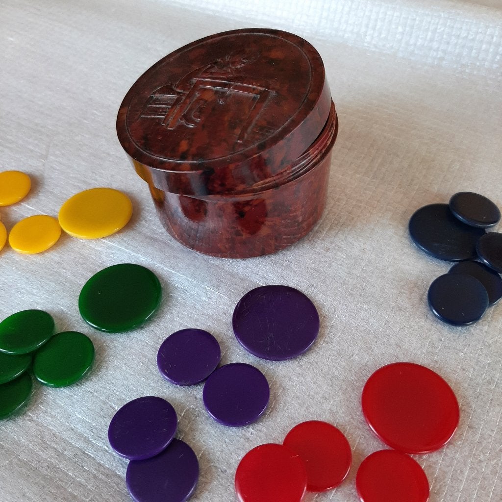oud vlooienspel in bakelieten opbergdoosje met deksel, Ophalen of Verzenden