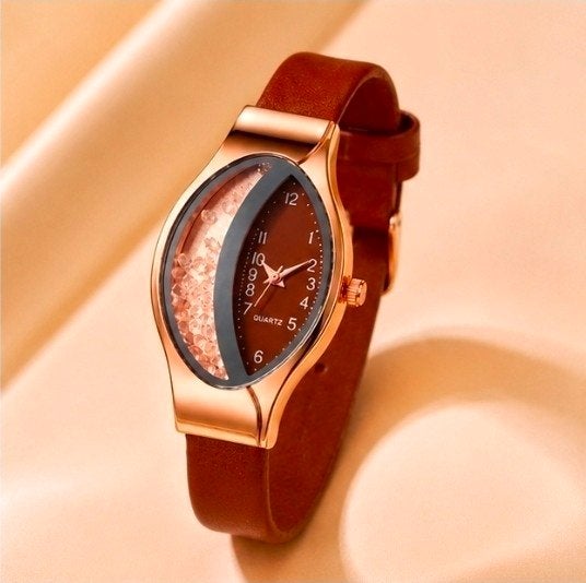 Moderne Quarts Horloge met Zwarte Wijzerplaat, Overige merken, Overige materialen, Leer, Polshorloge
