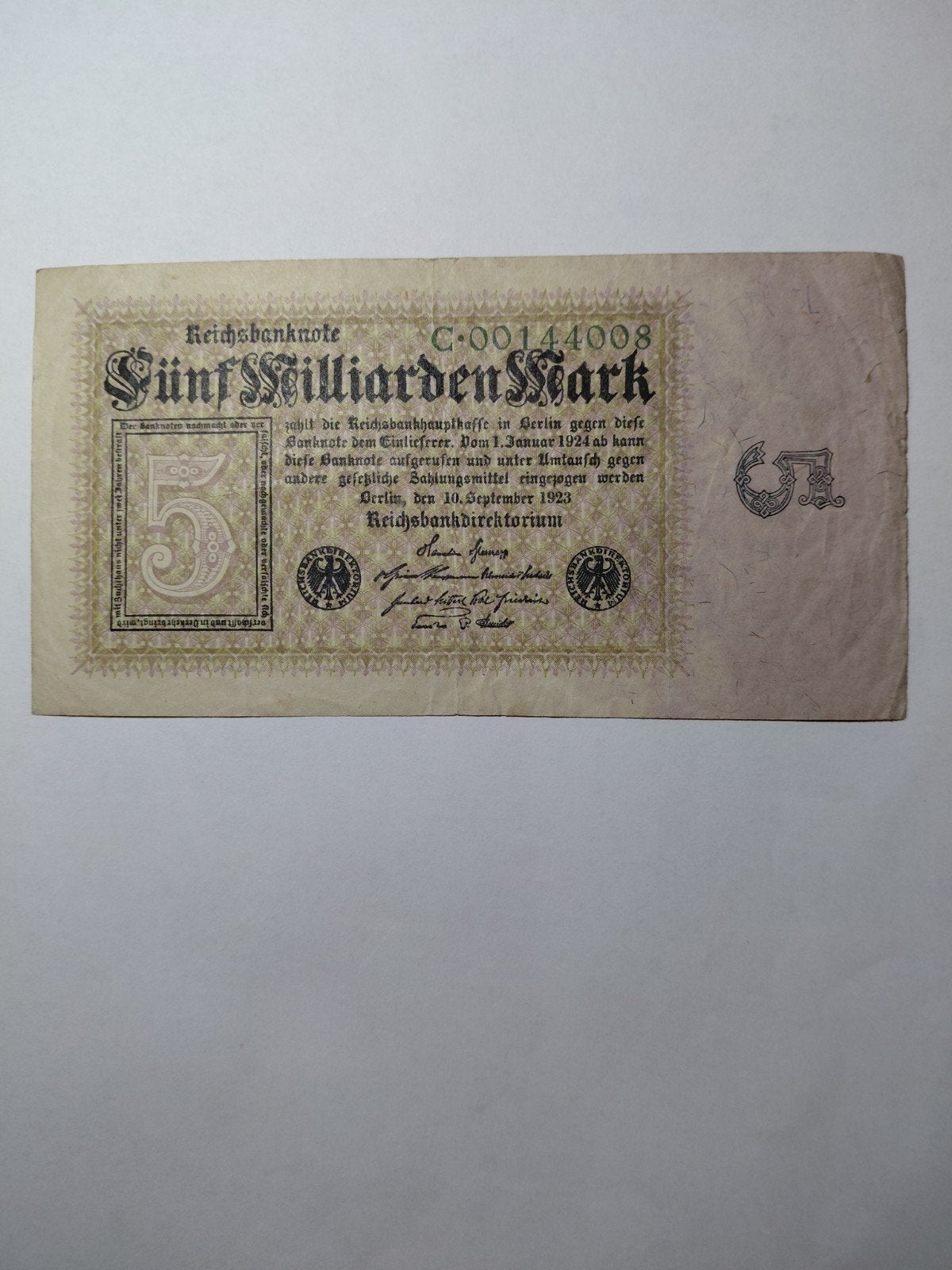 Duitse 5 miljarden mark 1923, Postzegels en Munten, Bankbiljetten | Europa | Niet-Eurobiljetten, Ophalen of Verzenden, Duitsland