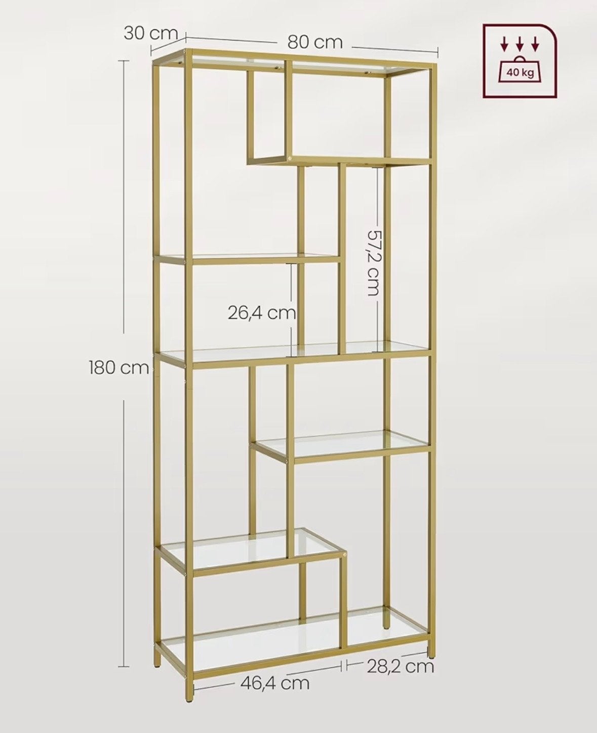 VASAGLE Luxe Gouden Vakkenkast Open Boekenkast met Glas, Huis en Inrichting, Met plank(en), Nieuw, Glas, 150 tot 200 cm