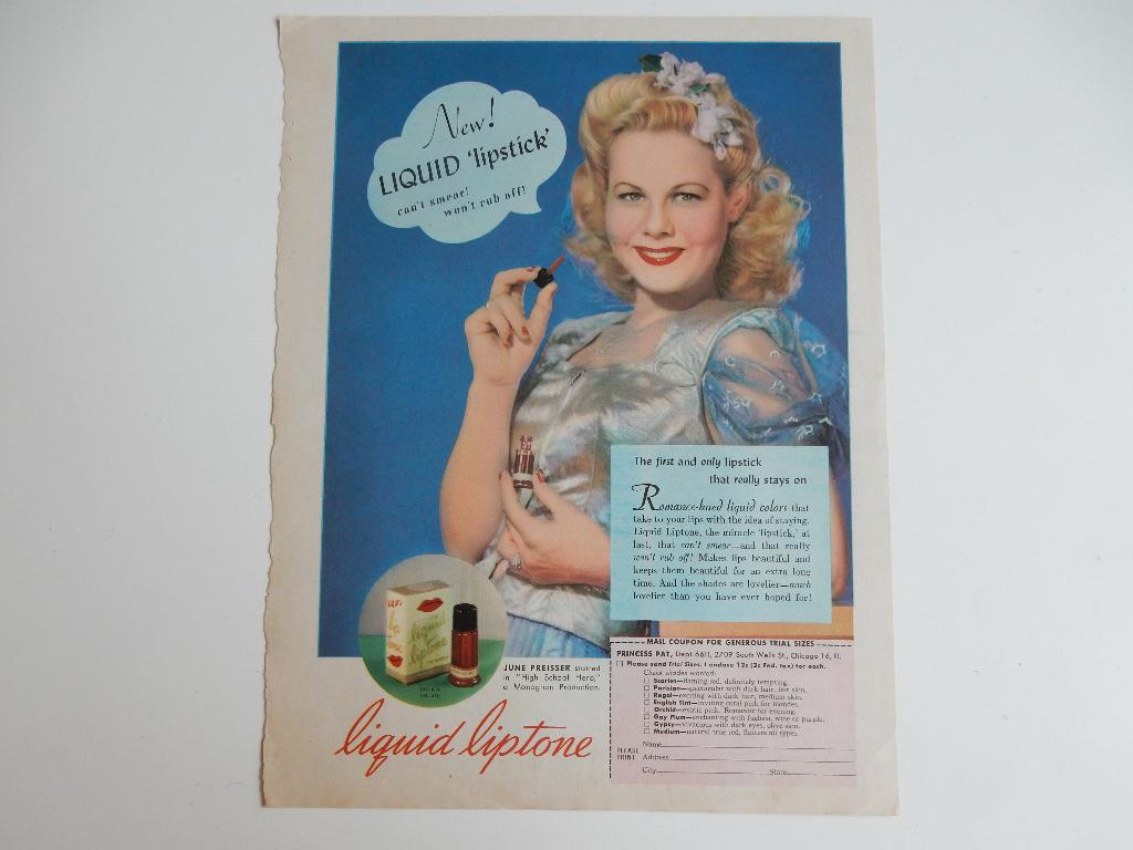 Liquid Liptone (lipstick) recl. Amerikaans blad jaren'40., Verzamelen, Ophalen of Verzenden, Gebruikt