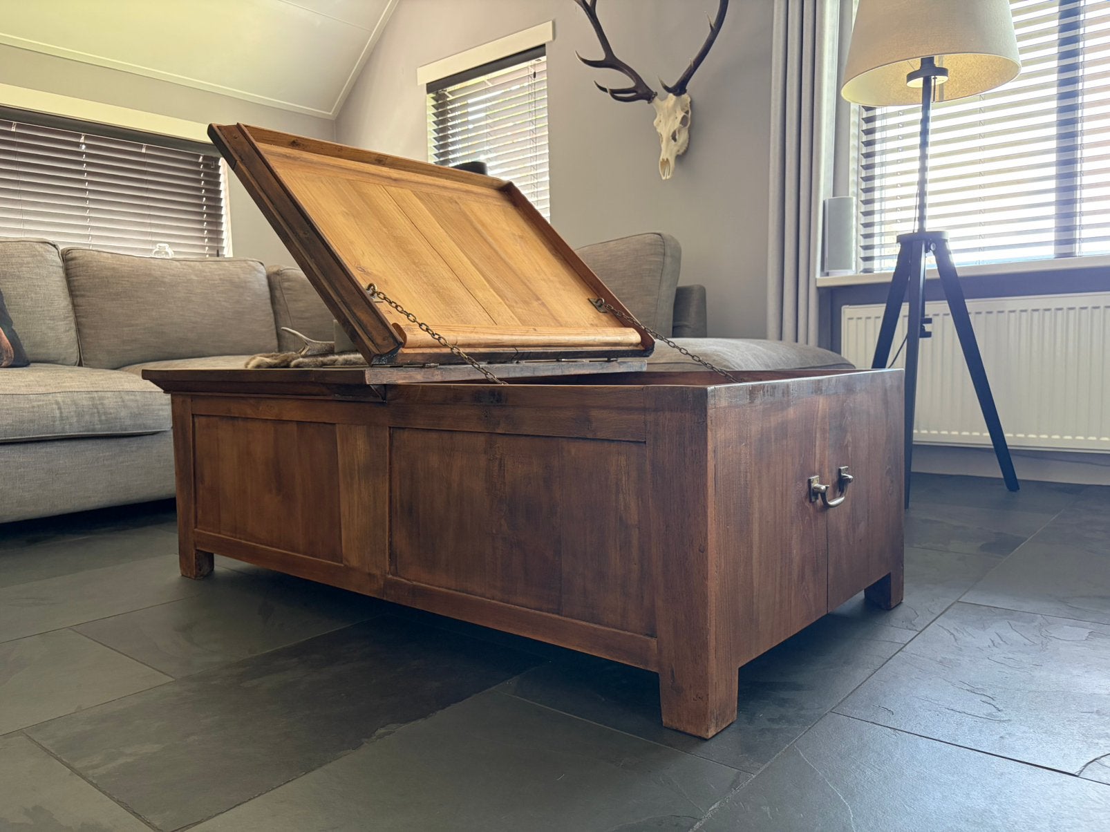 Teakhouten salontafel kist met opbergruimte 140x80x45, Ophalen, Gebruikt, 100 tot 150 cm, 150 tot 200 cm