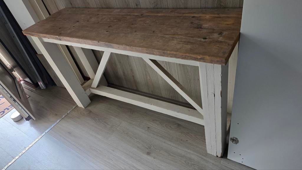 Rustieke houten sidetable / wandtafel, Ophalen, Gebruikt, 100 tot 150 cm, Onbekend