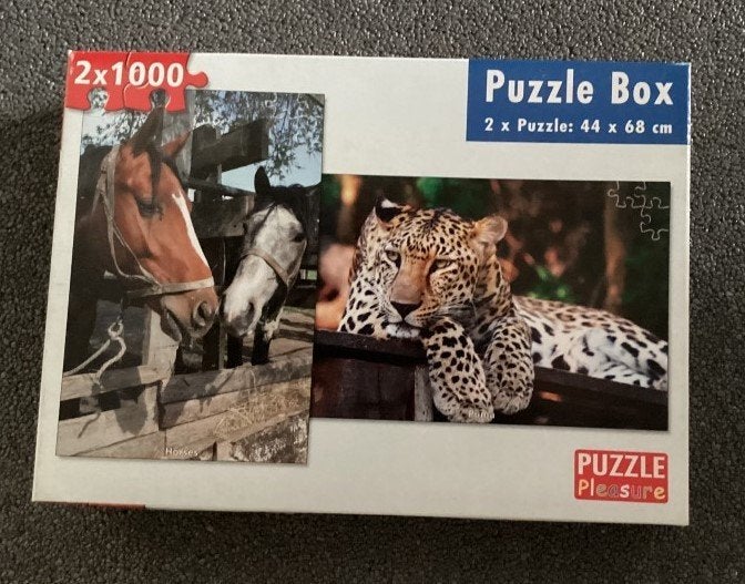* Puzzels 2 x 1000 Luipaard en paarden *, Ophalen of Verzenden, 500 t/m 1500 stukjes, Gebruikt, Legpuzzel