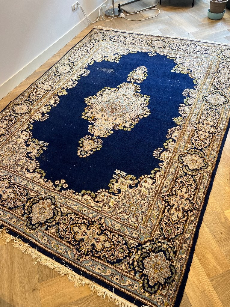 Vintage Perzisch vloerkleed donkerblauw – 200 x 290 cm, Ophalen, Gebruikt, Groen, 200 cm of meer