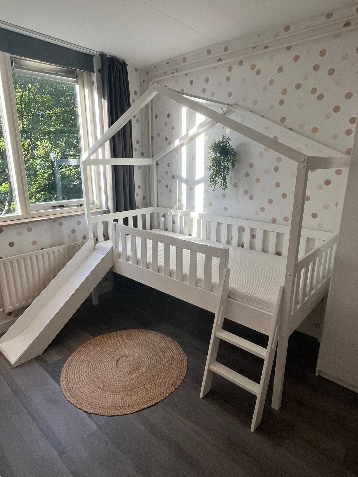 Halfhoogslaper Dallas van Vipack met glijbaan en huisframe, Ophalen, Gebruikt, 90 cm, Eenpersoons
