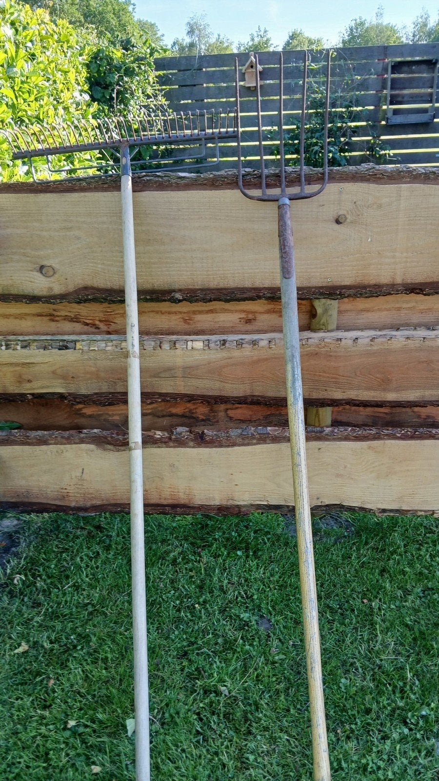 Vintage tuin gereedschap: Hark en Mestvork lengte 140 cm, Ophalen, Gebruikt, Hark