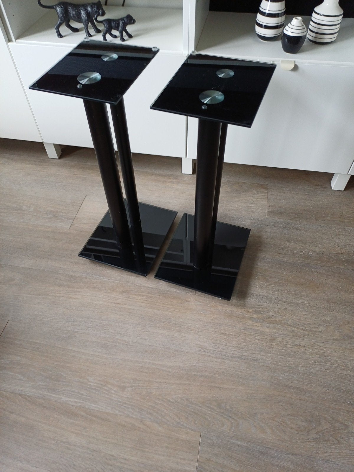Luidspreker standaarden - Zwart glas en metaal, Audio, Tv en Foto, Luidsprekers, Gebruikt, Inclusief standaarden, Overige typen