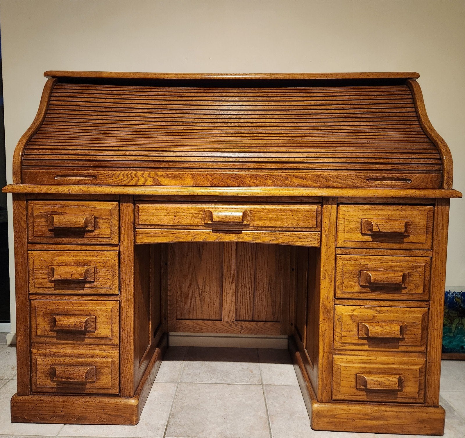 Antiek rolluikbureau van massief eikenhout, Ophalen, Met lades, Gebruikt, Hout