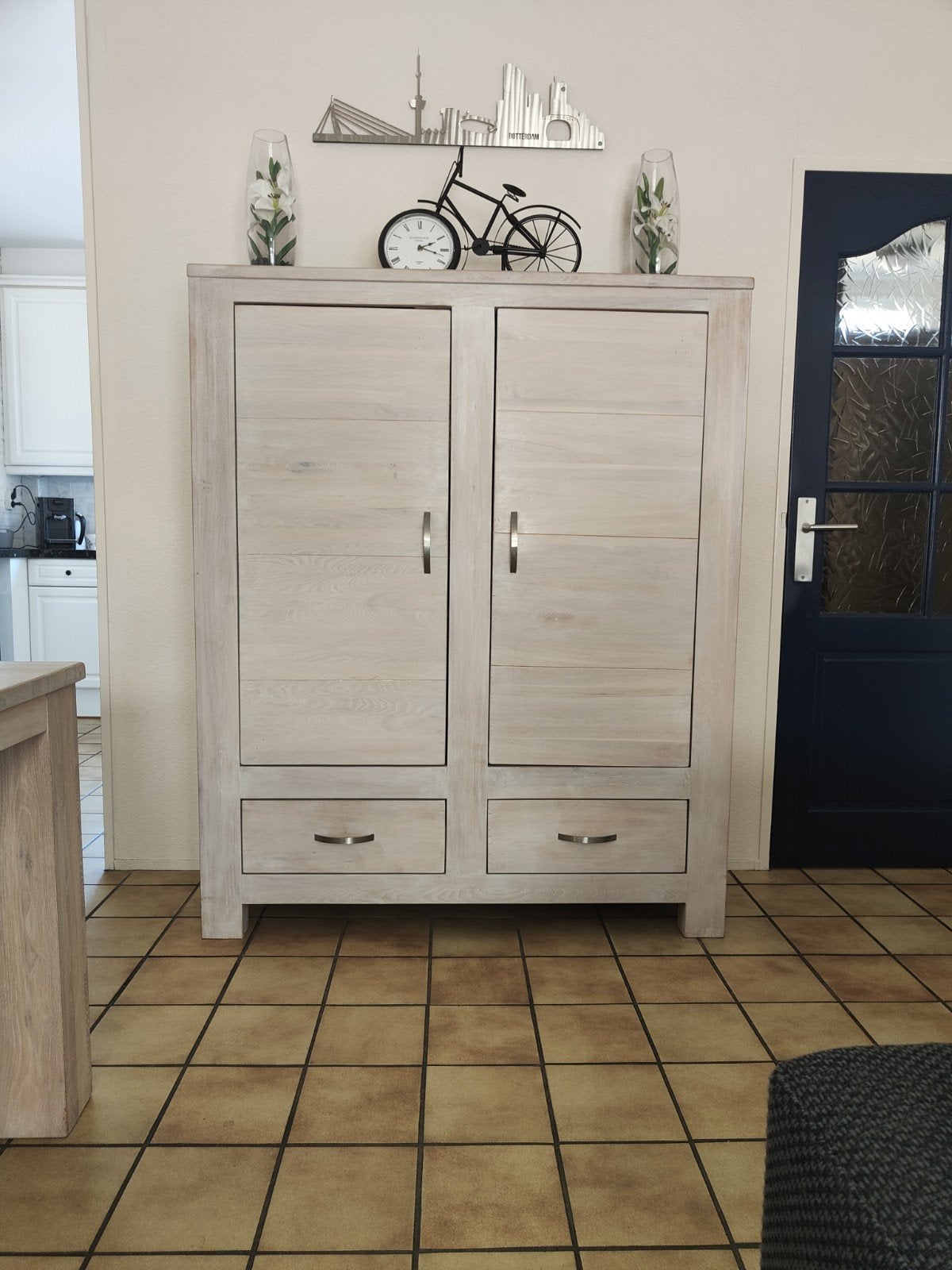 Complete set massief houten (Smoke White) meubels, Ophalen, Eikenhout, Met deur(en), 200 cm of meer