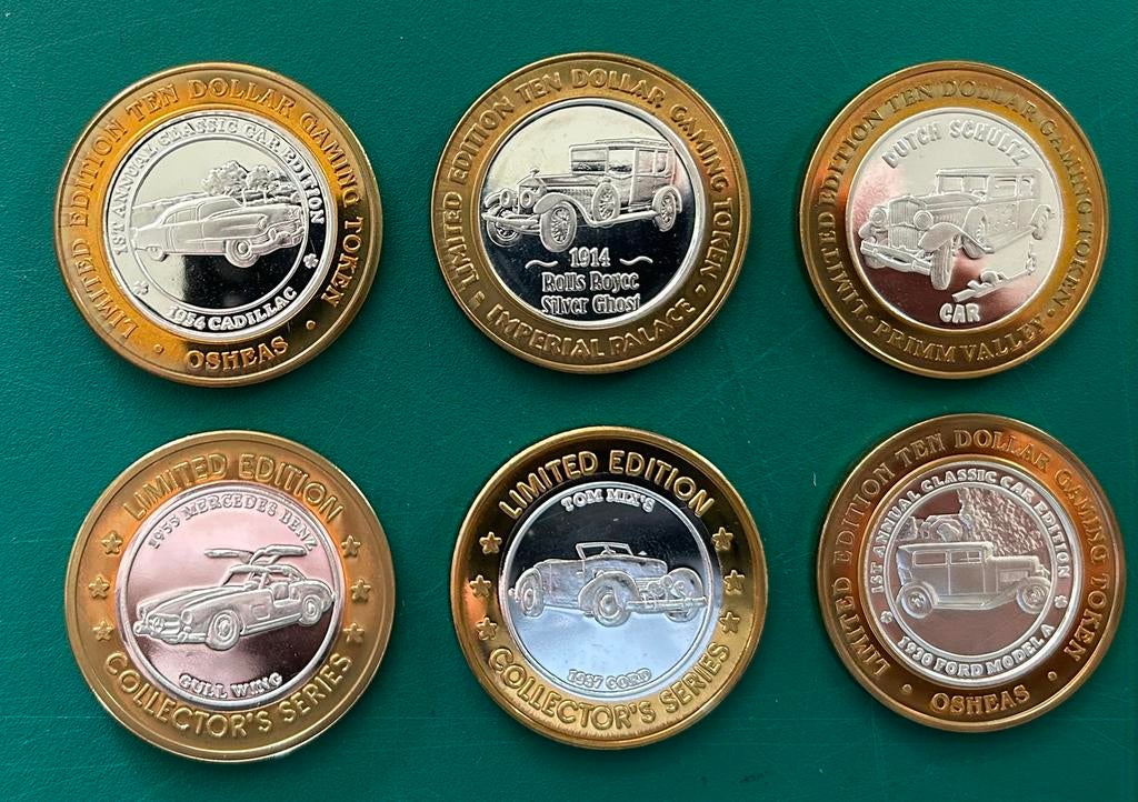 6 Casino Munten $10 met oldtimers .999 zilver, Verzenden, Noord-Amerika, Zilver