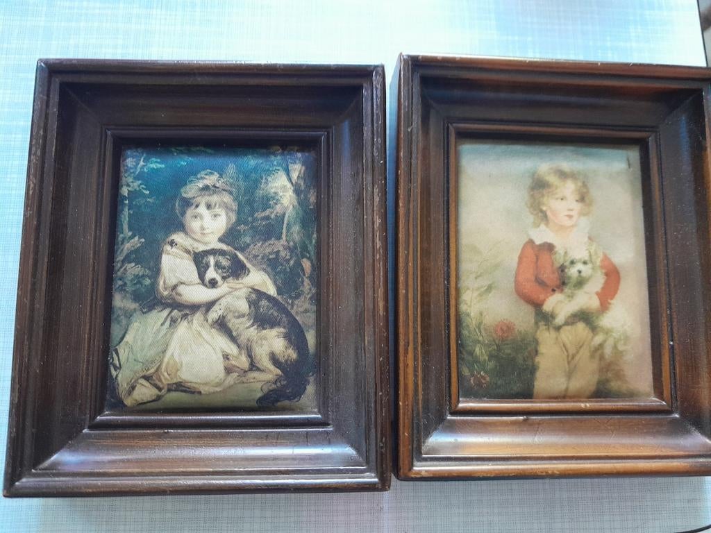 Set vintage mini schilderij kinderen honden, Ophalen of Verzenden