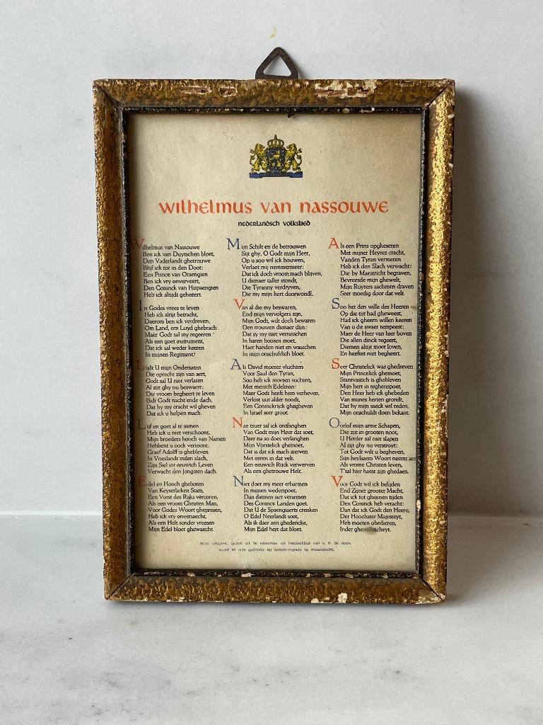 Antieke prent volkslied Wilhelmus 1939, Ophalen of Verzenden, Gelezen