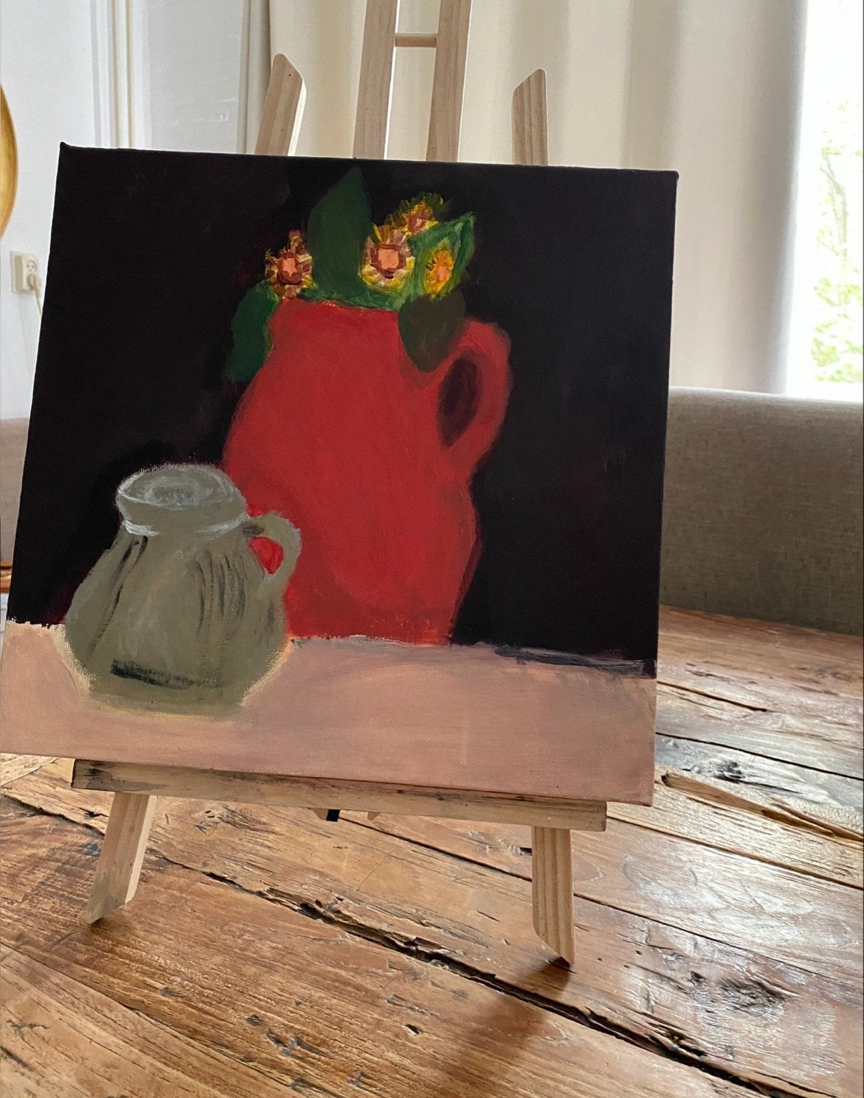 Stilleven met rode kan en bloemen, Antiek en Kunst, Kunst | Schilderijen | Klassiek, Doek, Realistisch, Stilleven, Ophalen of Verzenden
