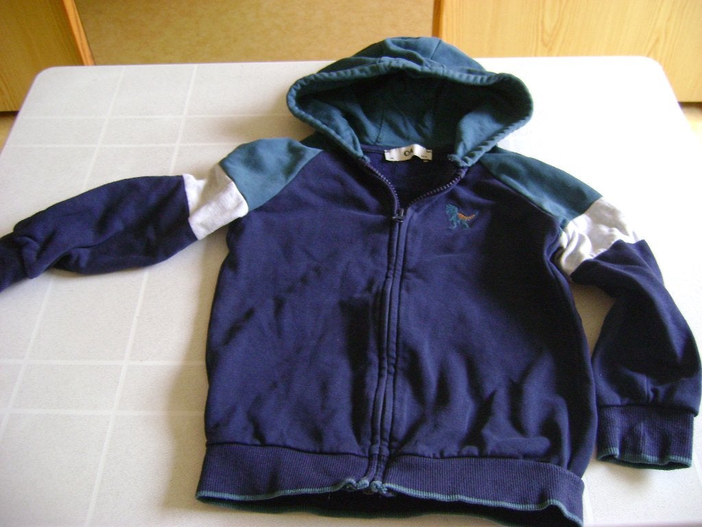blauwe hoody 116 c&a met dino sluit met rits en goen/wit str, C&A, Trui of Vest, Ophalen of Verzenden, Zo goed als nieuw