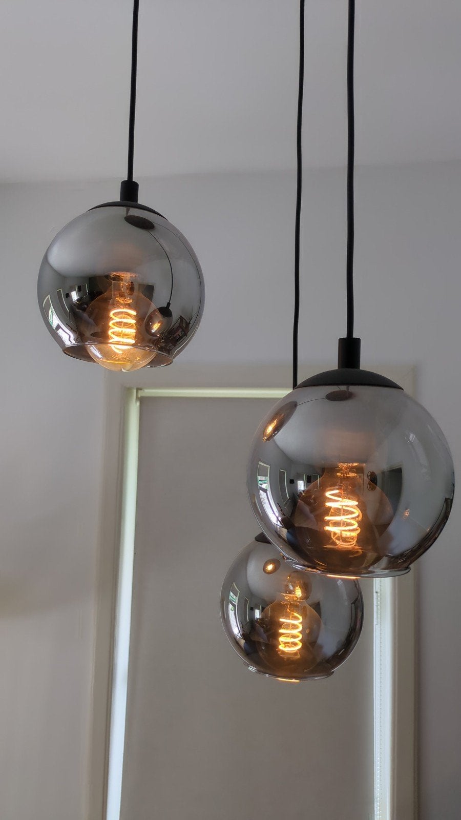 Hanglamp met 3 spiegelende bollen en spiraal LED, dimbaar, Huis en Inrichting, Lampen | Hanglampen, Ophalen, Nieuw, Glas