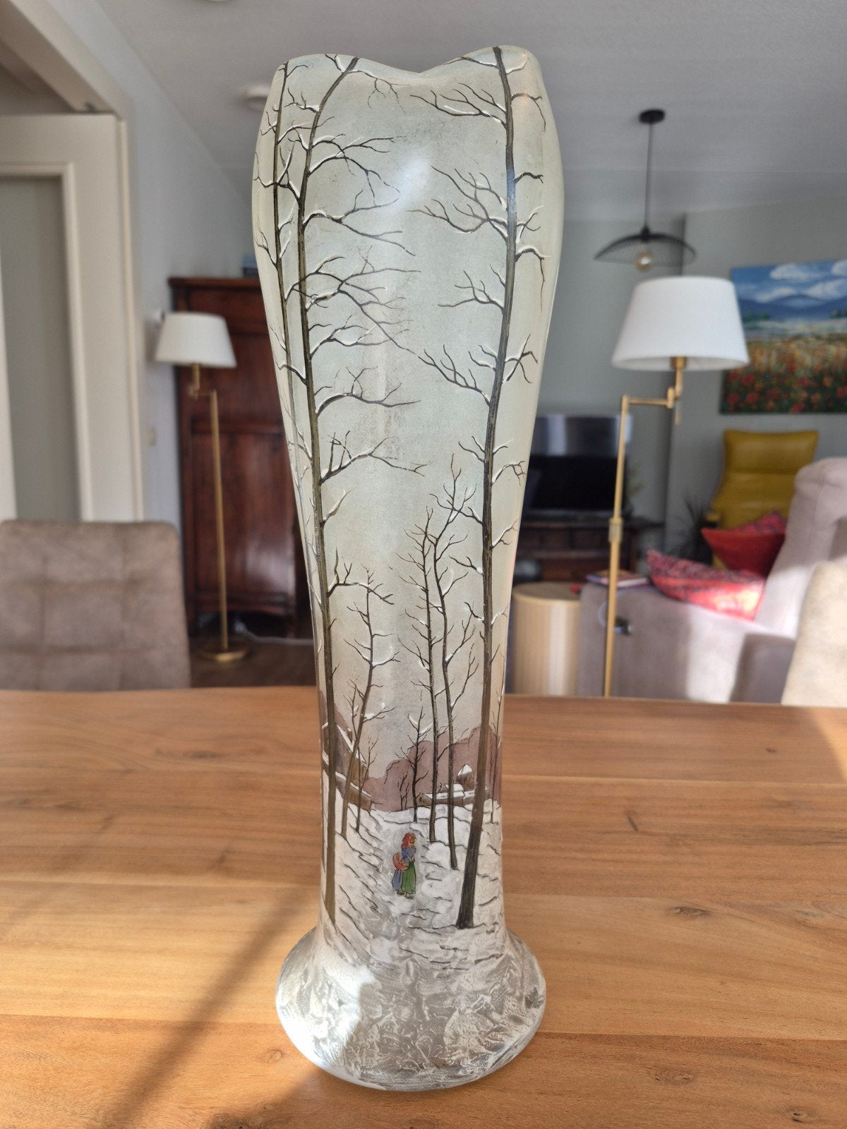 Decoratieve glazen vaas met winterlandschap, LeGras?, Antiek en Kunst, Ophalen
