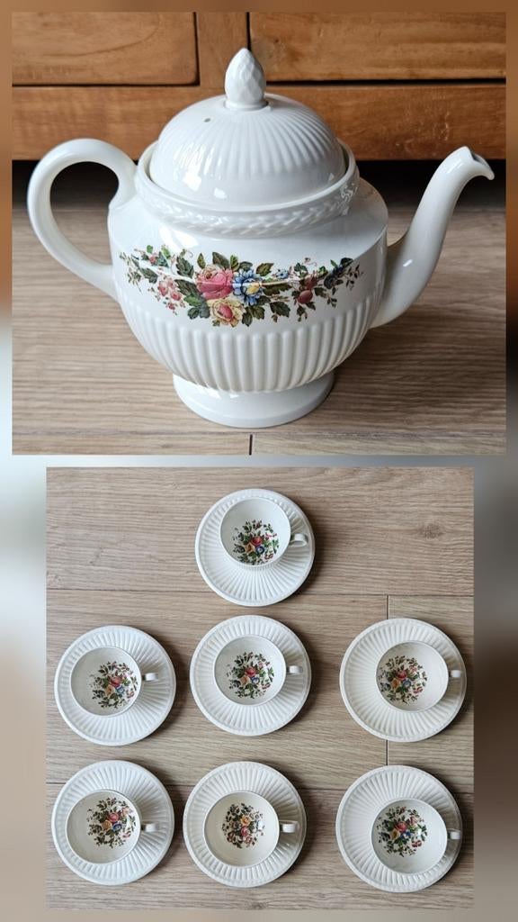 Wedgwood Conway Theeservies - 6 kop en schotels met theepot, Huis en Inrichting, Ophalen, Zo goed als nieuw, Wedgwood, Kop(pen) en/of Schotel(s)