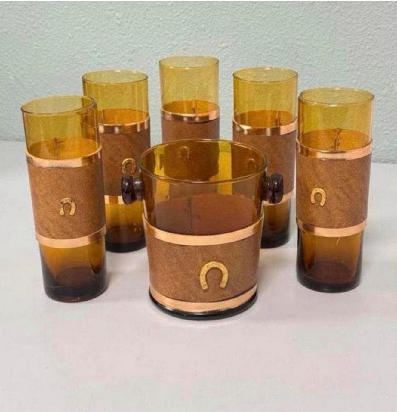 Antiek 1950 5 wisky glazen + ijsemmer amber leder hoefijzer, B, Ophalen of Verzenden, Zo goed als nieuw, H