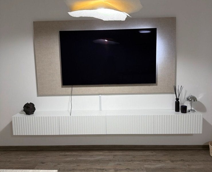 Luxe mat witte tv meubel zwevend nieuw showroom model, Nieuw, Ophalen of Verzenden, 200 cm of meer, Minder dan 100 cm