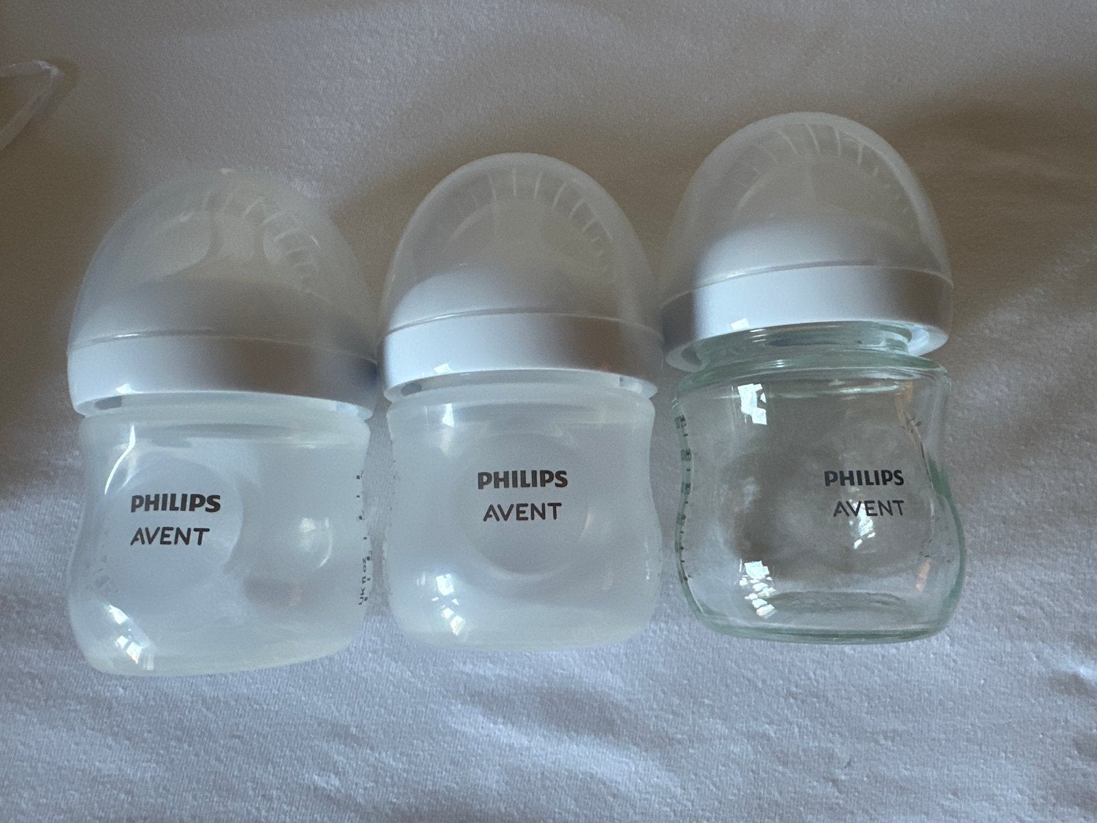 Philips Avent Flesjes: 2x plastic (gebruikt), 1x glas (nieuw, Ophalen, Philips Avent, Zo goed als nieuw, Babyfles