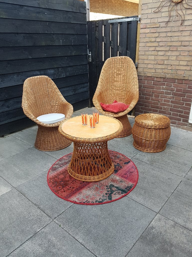 Rieten set 2x Fauteuil + Tafel + Hocker. Vintage jaren 60-70, Ophalen, Gebruikt, Twee, Bruin