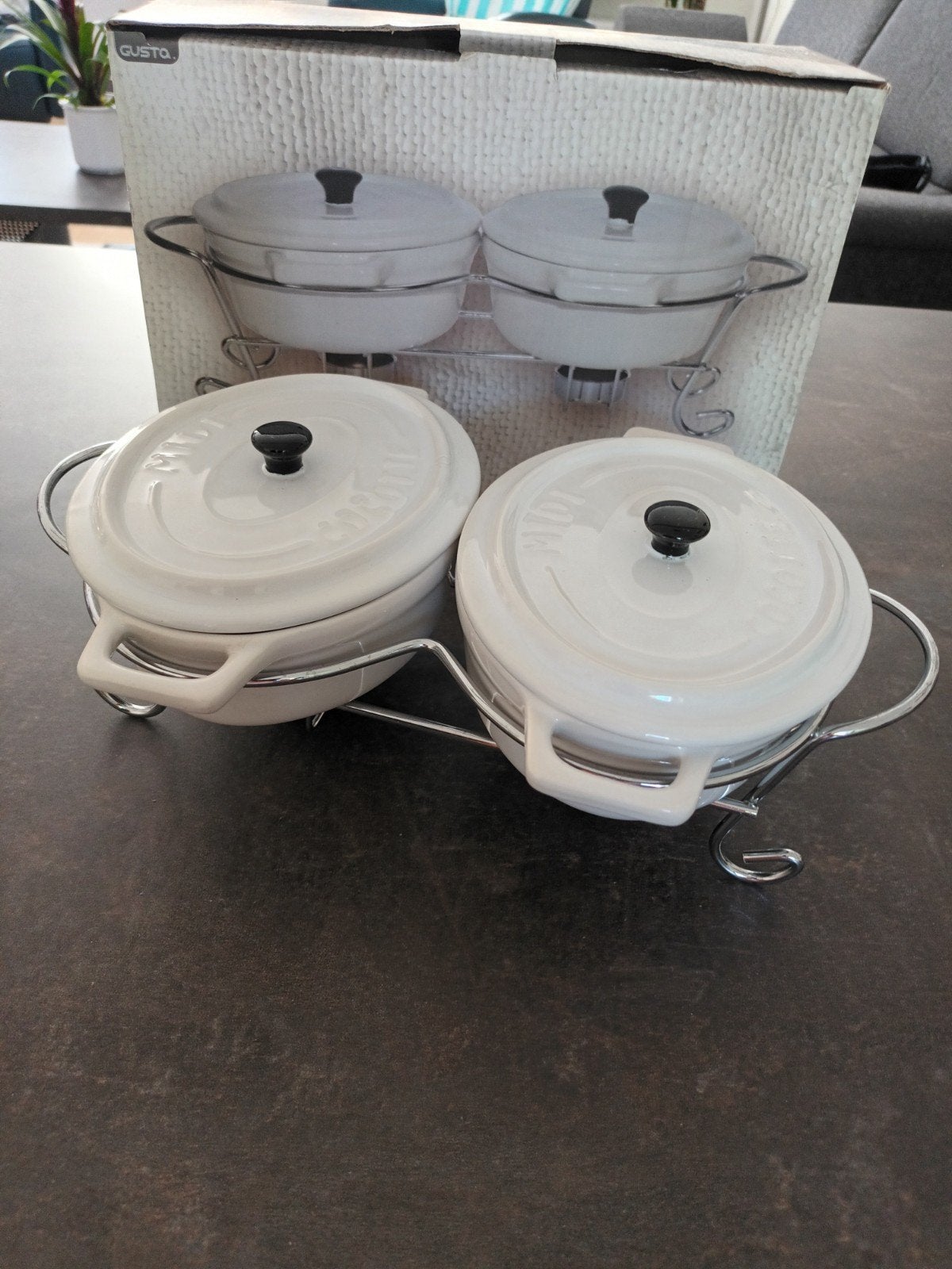 Midi serveerschaalset met 2 aardenwerken pannetjes + rechaud, Ophalen of Verzenden, Nieuw, Gusta