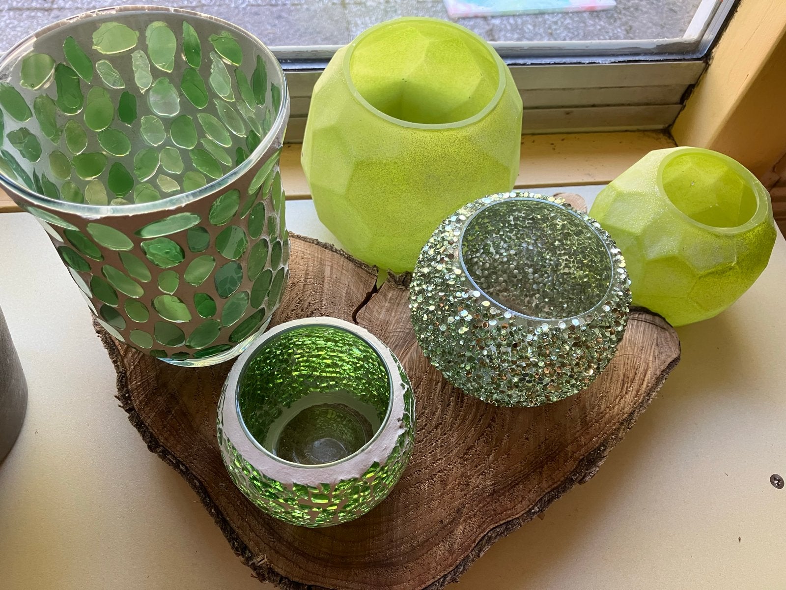 Waxinelichthouders mintgroen, glitters en mozaiek, Waxinelichthouder, Ophalen of Verzenden, Groen, Glas