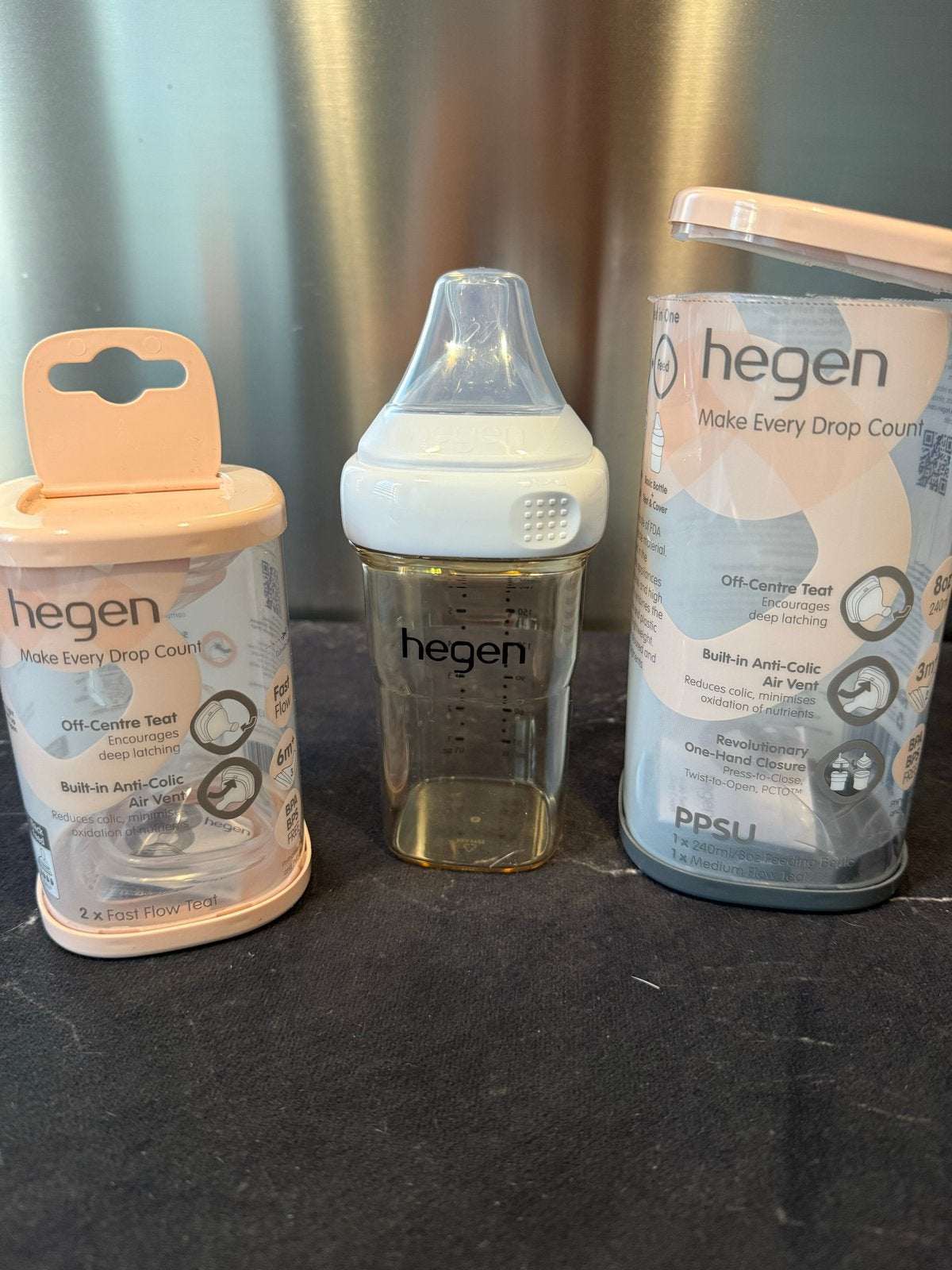 Hegen fles met nieuwe spenen - Zo goed als nieuw, Overige merken, Ophalen of Verzenden, Zo goed als nieuw, Inclusief flessen