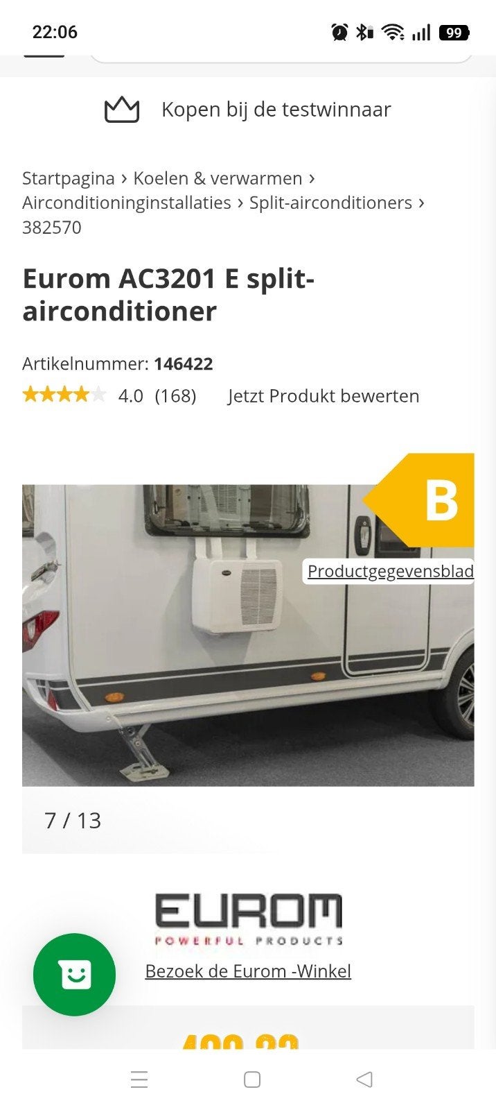 Eurom AC3201 E split-airconditioner voor caravan/camper, Ophalen, Minder dan 60 m³, 3 snelheden of meer, Zo goed als nieuw