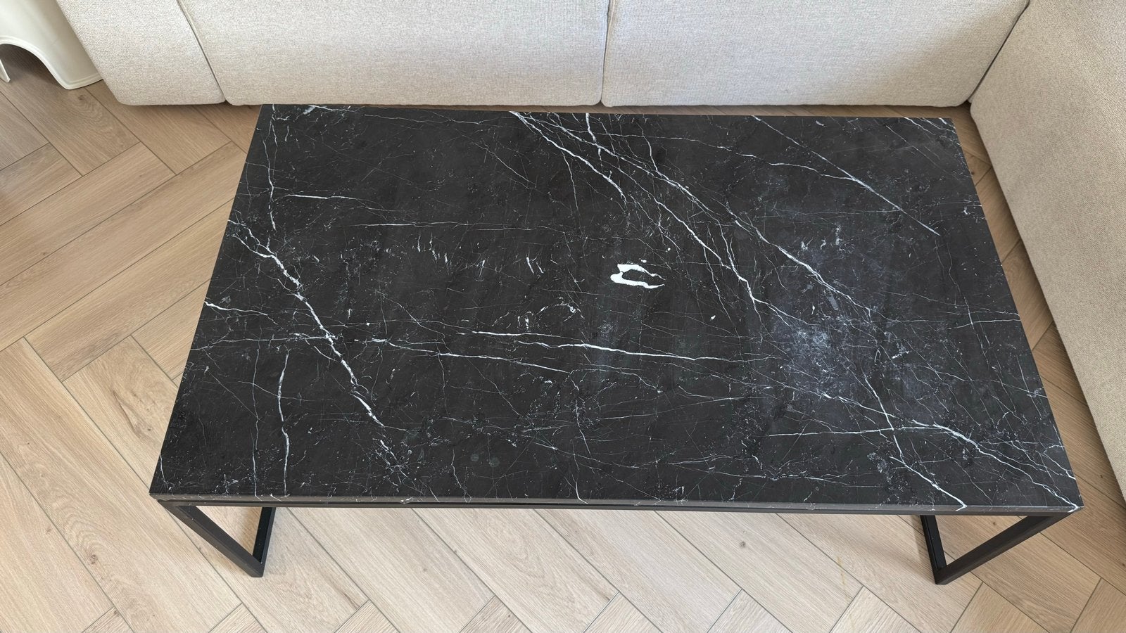 Moderne salontafel en eettafel met zwart marmeren blad, Ophalen, Gebruikt, 100 tot 150 cm, 50 tot 100 cm