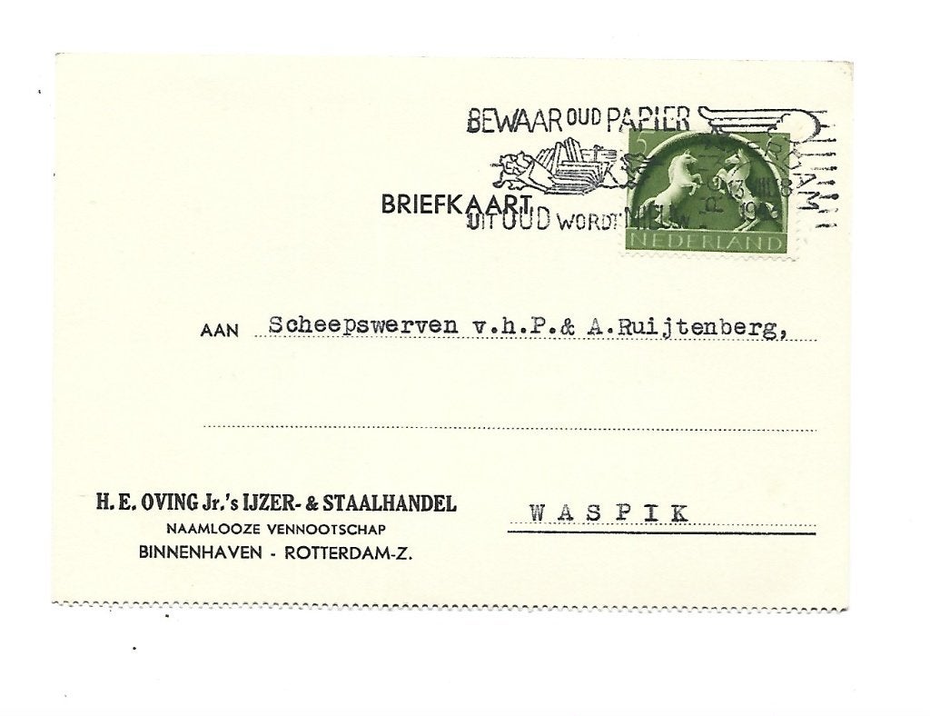 Rotterdam-H.E.Oving Jr.'s IJzer-en Staalhandel- naar Waspik, Verzenden, Briefkaart