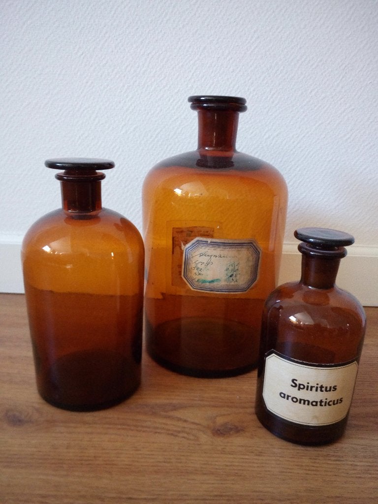 3 oude glazen apothekers flessen, Ophalen of Verzenden, Gebruikt