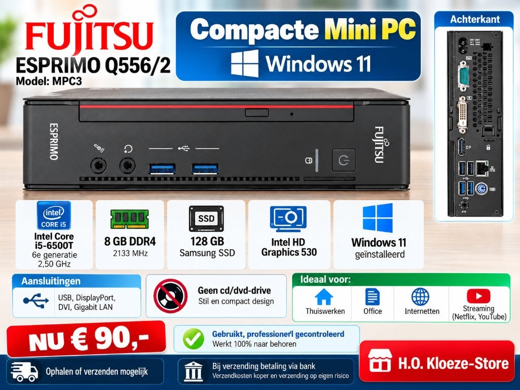 Fujitsu ESPRIMO Q556 Compact,Stil & Supersnel! i5 6generatie, 2 tot 3 Ghz, 8 GB, Refurbished, Ophalen of Verzenden