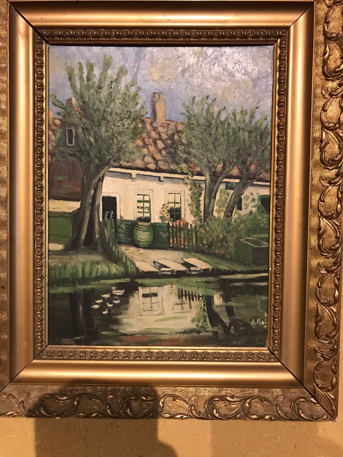 Schilderijtje huis aan het water, Antiek en Kunst, Ophalen of Verzenden