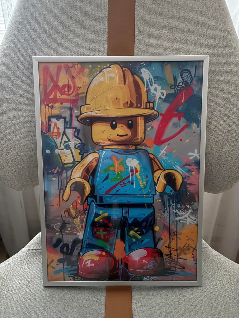 Lego Poster A3 Canvas met Lijst - Bouwvakker Graffiti Stijl, Rechthoekig Staand, Nieuw, Ophalen of Verzenden, Canvas of Doek