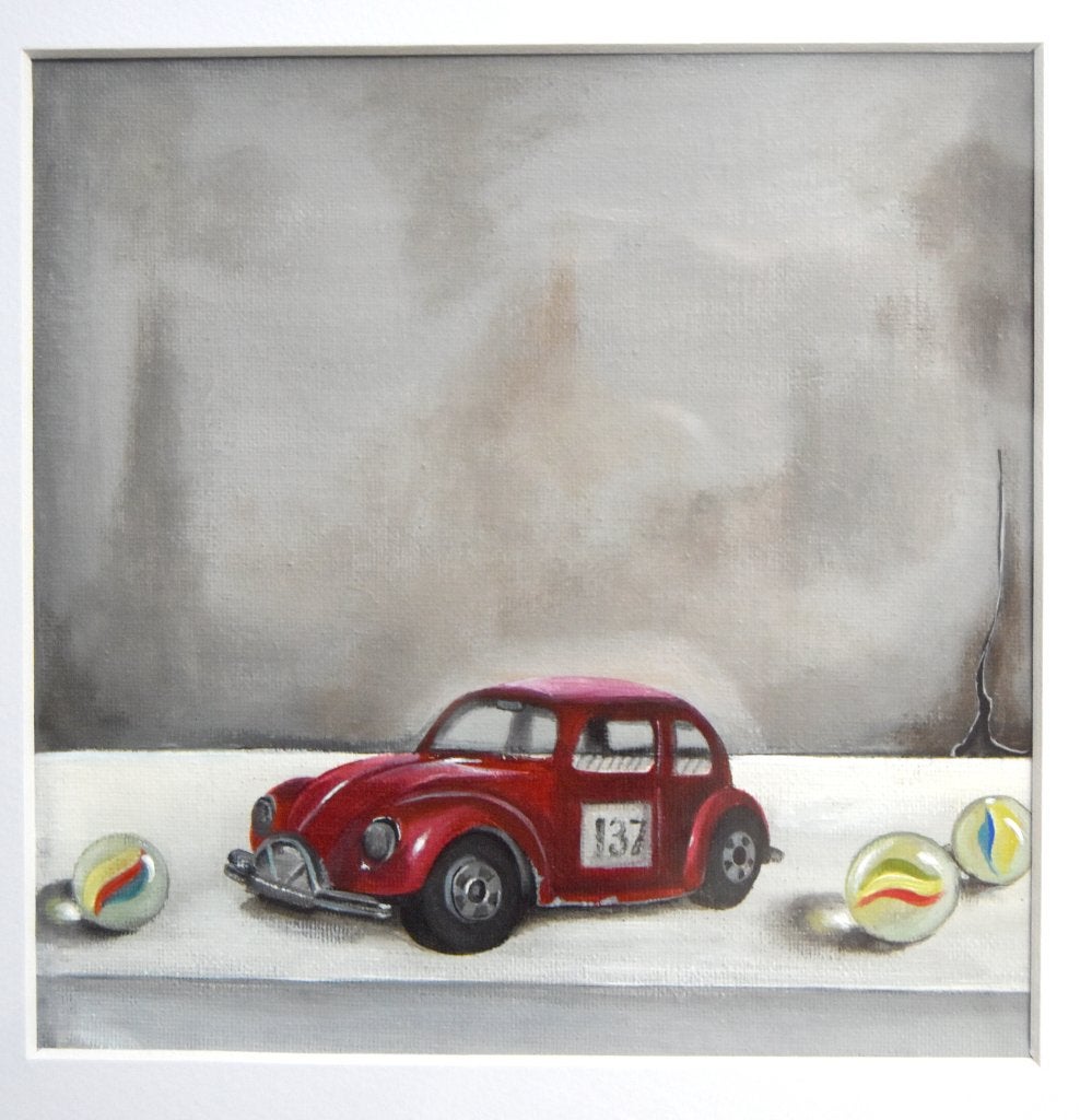 Rode Matchbox VW Kever, geschilderd op doek in mooie lijst, Ophalen of Verzenden, Gelimiteerde oplage, Voertuigen