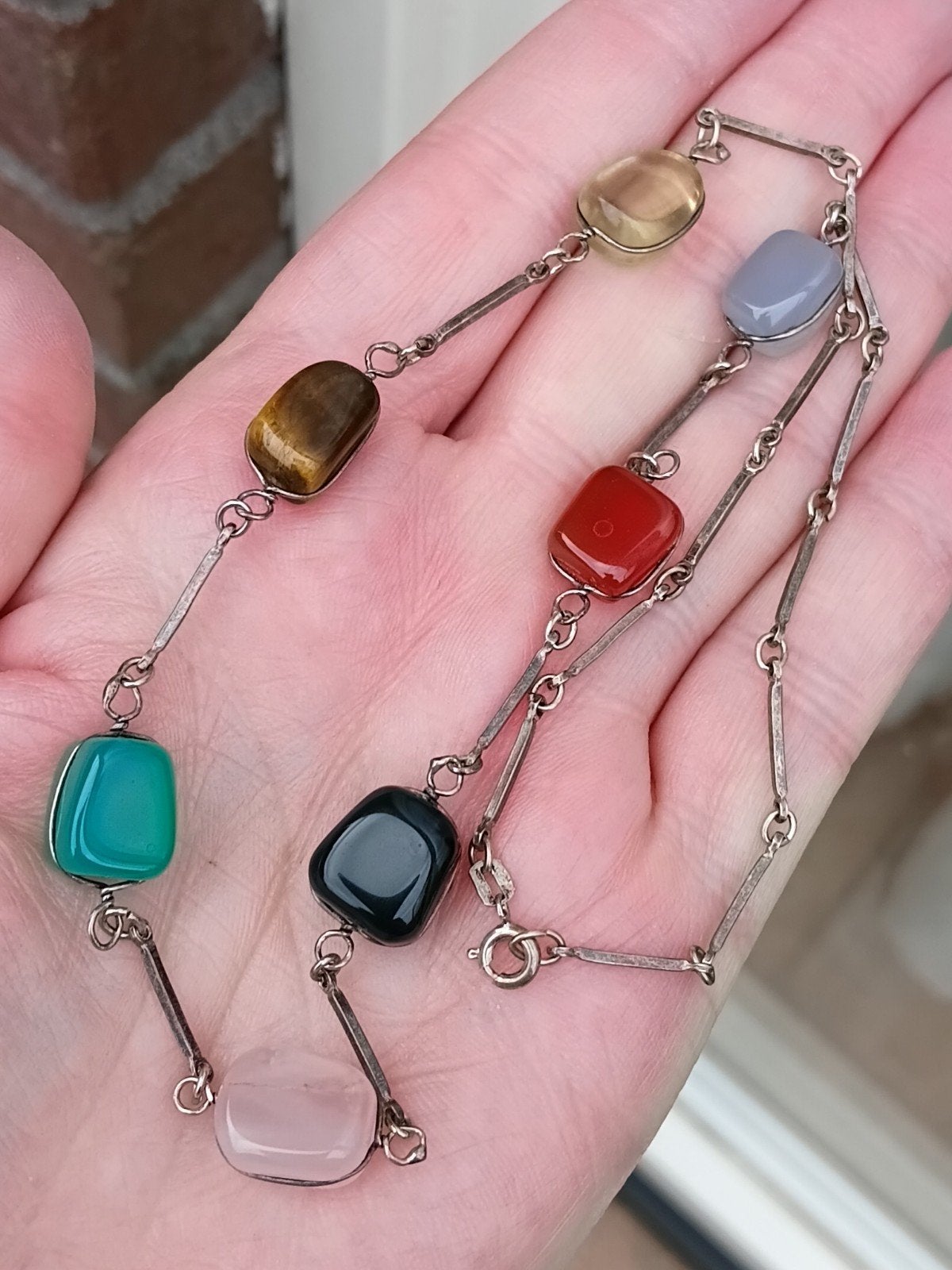 mooie zilveren ketting met halfedelstenen, Sieraden, Tassen en Uiterlijk, Antieke sieraden, Ophalen of Verzenden, Zilver, Ketting