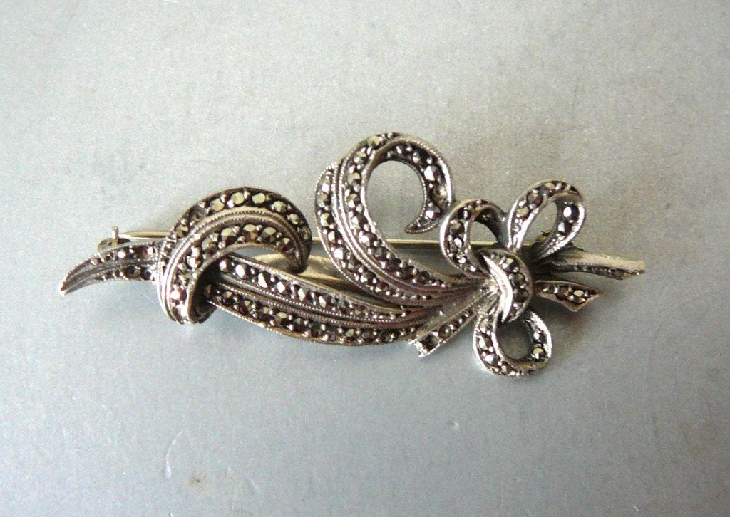 Vintage Zilveren Broche met Markasiet, Verzenden, Zilver, Broche, Met edelsteen