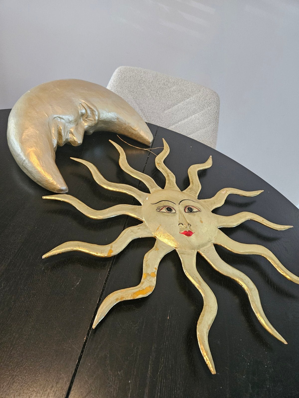 Vintage papier maché en houten maan en zon, Ophalen