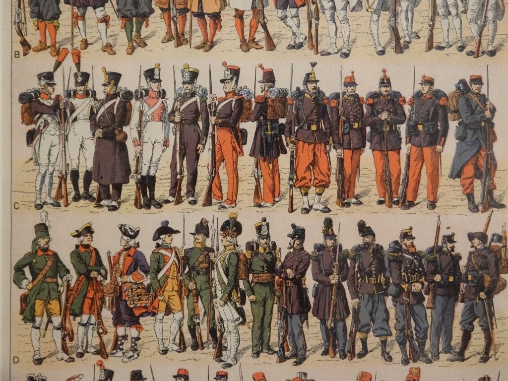 Kleurrijke litho van militairen kleding mode door de eeuwen, Antiek en Kunst, Kunst | Litho's en Zeefdrukken, Origineel, Verzenden