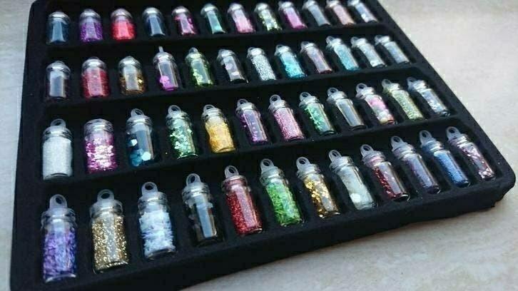 48 potjes met glitters voor Nail Art nagelversiering knutsel, Overige kleuren, Nieuw, Ophalen of Verzenden, Handen en Nagels