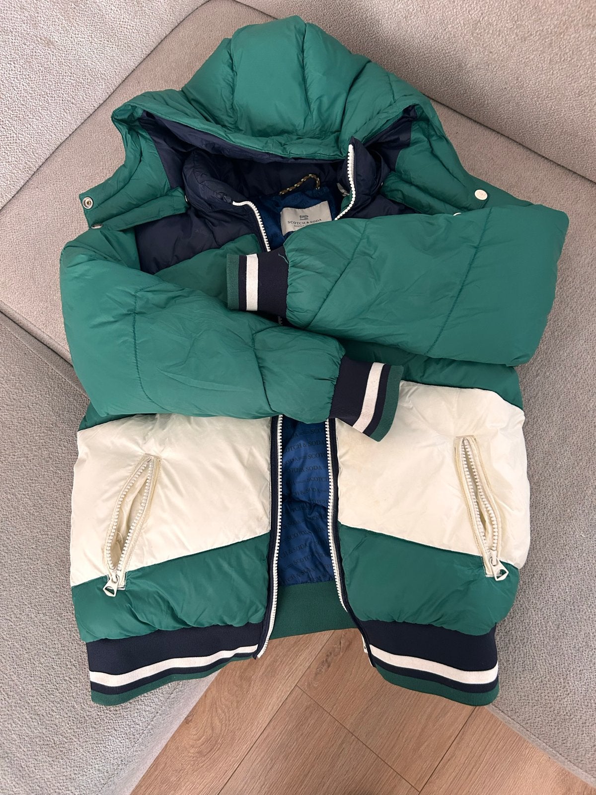 Scotch & Soda winterjas groen/wit/blauw maat 152, Ophalen of Verzenden, Zo goed als nieuw, Jongen, Jas