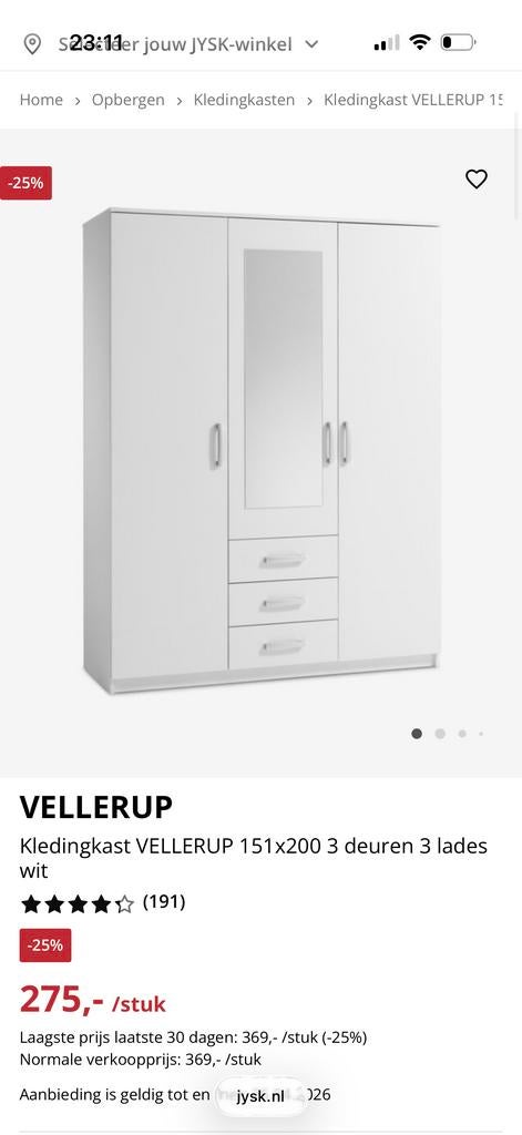 Witte kledingkast VELLERUP 151x200 met 3 deuren en 3 lades, Ophalen of Verzenden, Zo goed als nieuw, Met lade(s), 150 tot 200 cm