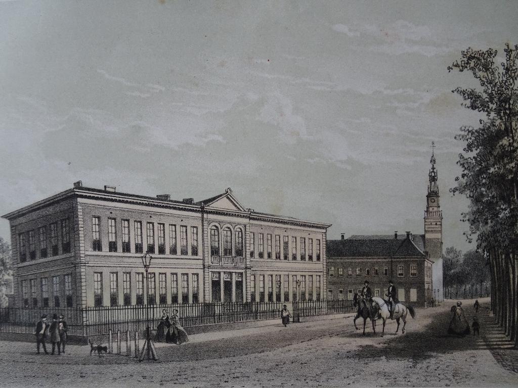 steendruk Kamerling Onnes lab Leiden, PWM Trap, 19e eeuw, Antiek en Kunst, 1800 - 1899, Verzenden, Architectuur, Origineel