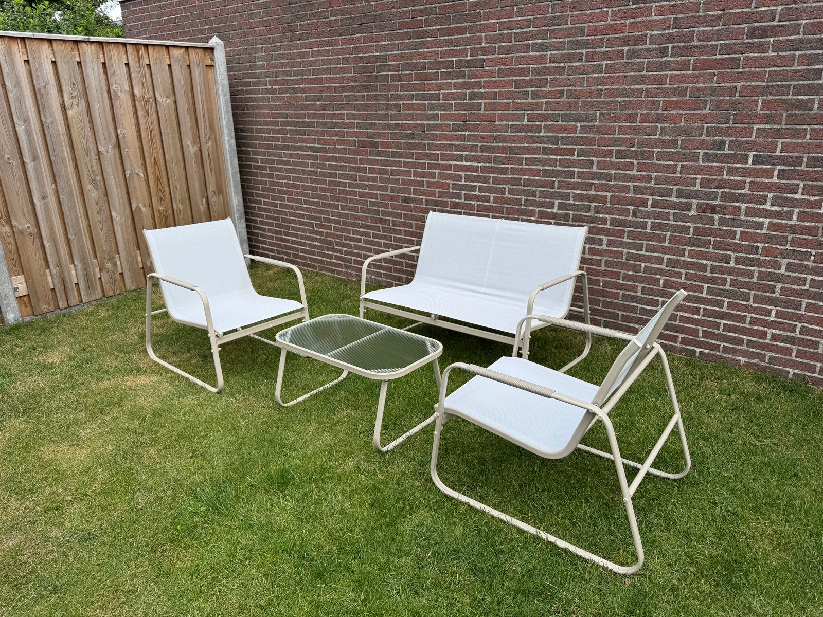 4-delige Tuinset - Beige - 2-zits bankje, 2 stoelen en tafel, Ophalen, 4 zitplaatsen, Nieuw, Bank